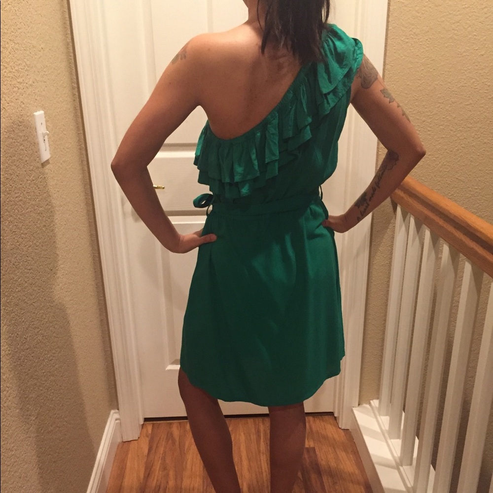 Green One Shoulder Ruffle Dress - Picture 3 of 6